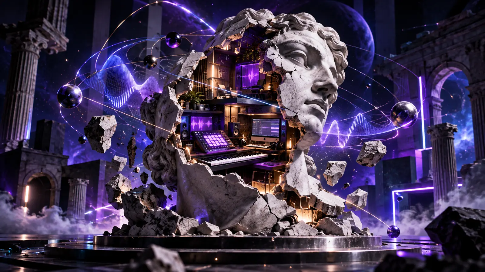 Escultura clássica aberta revela um estúdio de produção musical futurista