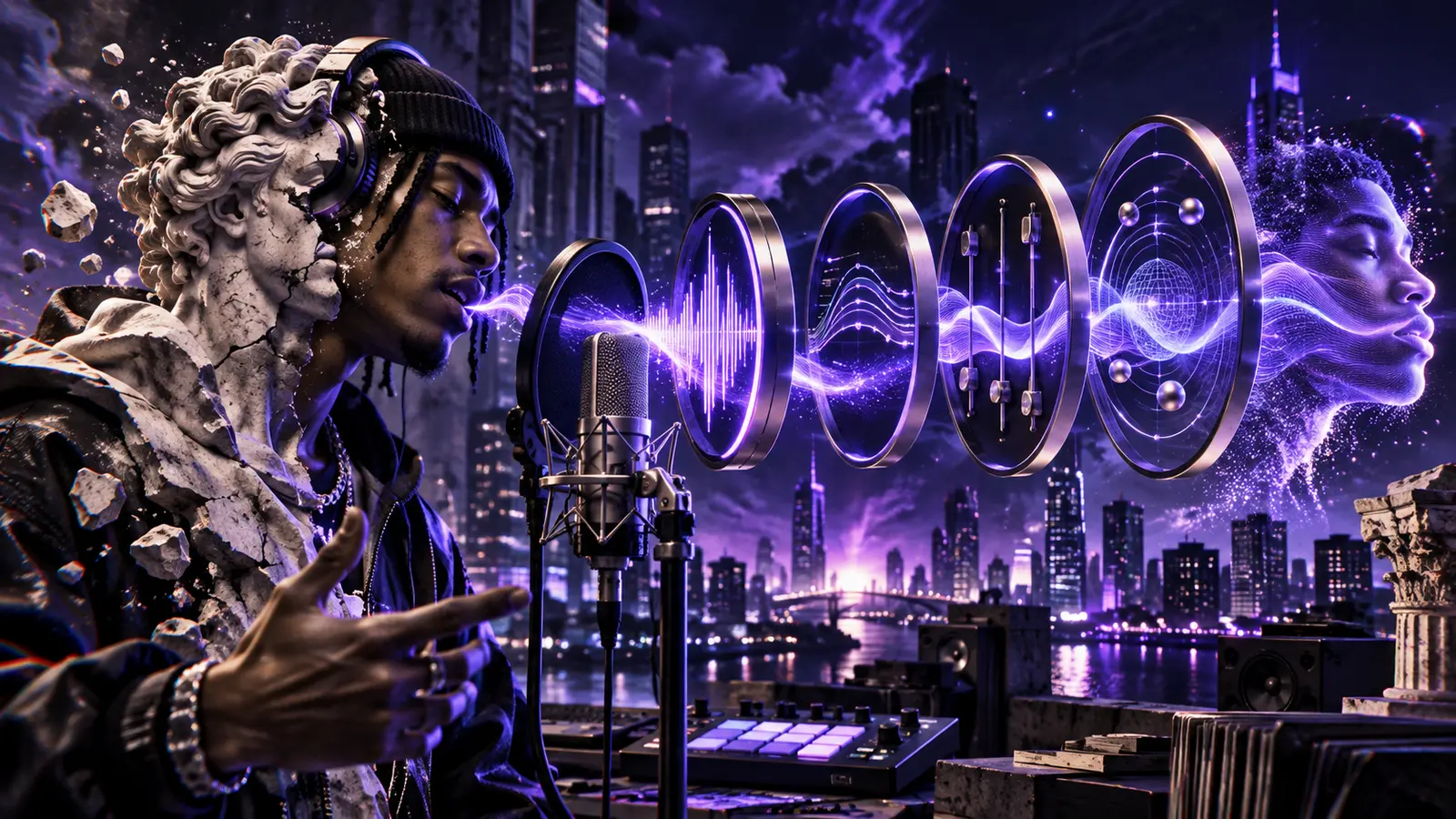 Produtor de trap diante de um microfone enquanto a voz atravessa estágios luminosos de mixagem