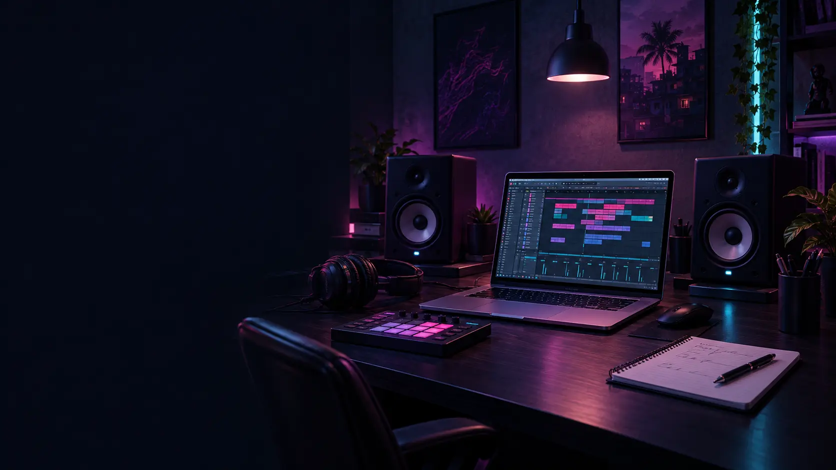Estúdio de produção musical com notebook, monitores, fones e controlador MIDI